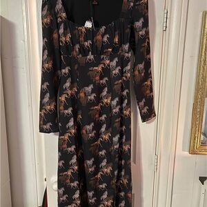 Black Horse-Print Long Sleeve Women’s Dress